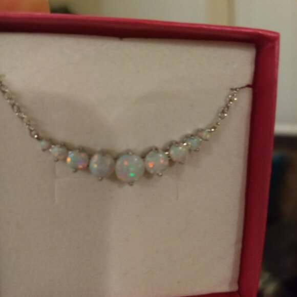 Neiman Marcus 18K White Gold Plated Created White Opal Graduated Necklace - Picture 3 of 5